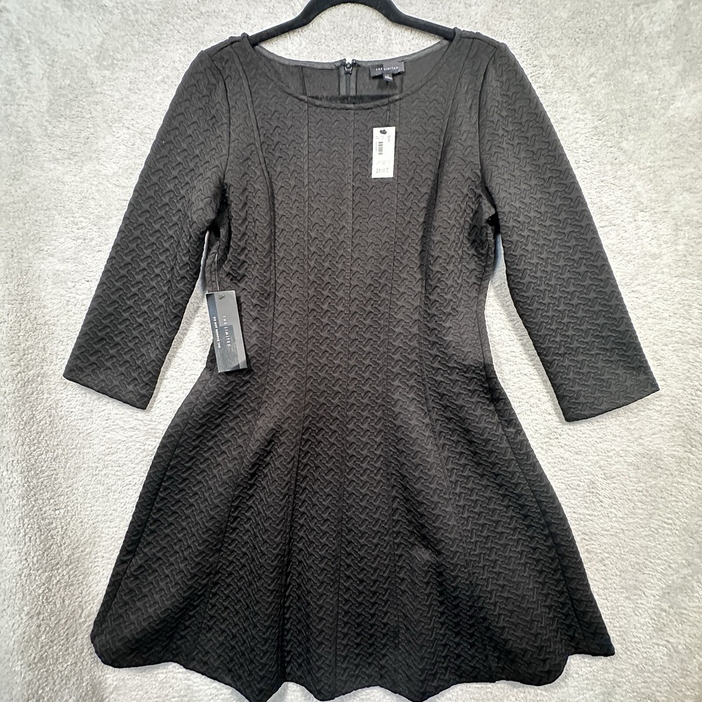 The Limited Fit and Flare Dress Womens Sz S Black Textured 3/4 Sleeve LBD NWT